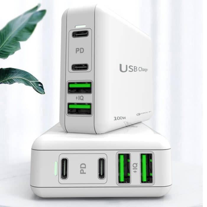 PD 100W Dual USB-C / Typ-C + Dual USB 4-Port-Ladegerät mit Netzkabel für Apple / Huawei / Samsung Laptop, EU Plug, US Plug, UK Plug – Bild 3