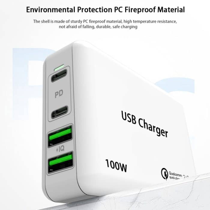 PD 100W Dual USB-C / Typ-C + Dual USB 4-Port-Ladegerät mit Netzkabel für Apple / Huawei / Samsung Laptop, EU Plug, US Plug, UK Plug – Bild 4