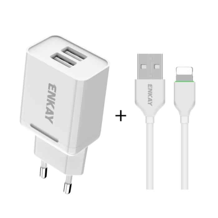 SYA001371101.jpg ENKAY Hat-Prince T003-1 10,5 W 2,1 A Dual-USB-Lade-EU-Stecker-Reise-Netzteil, With 2.1A 1m 8 Pin Cable, With 2.1A 1m Type-C Cable, With 2.1A 1m Micro USB Cable – Bild 1