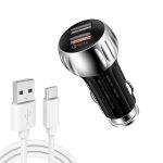 YSY-310QC18W QC3.0 Dual-Port-USB-Autoladegerät + 3A USB-auf-USB-C/Typ-C-Datenkabel, Kabellänge: 1 m, YSY-310QC18W with Type-C Cable, with USB-C / Type-C Cable