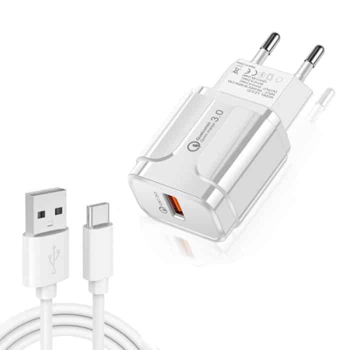 LZ-023 18 W QC 3.0 USB tragbares Reiseladegerät + 3 A USB-auf-Typ-C-Datenkabel, EU-Stecker, Type-C Data Cable, EU Plug – Bild 1