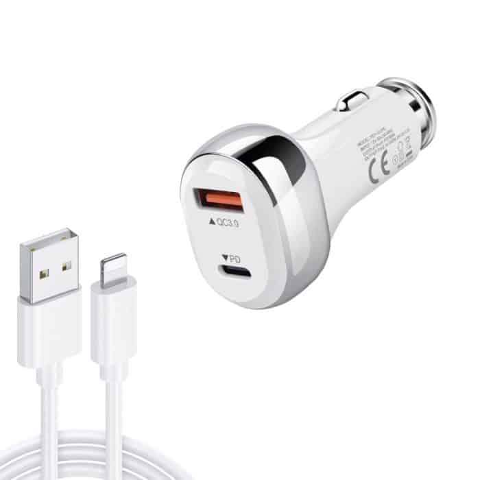 YSY-312PD QC3.0 18 W USB + PD 20 W USB-C / Typ-C-Autoladegerät mit USB-auf-8-Pin-Datenkabel, PD 20W with 8 Pin Cable – Bild 1