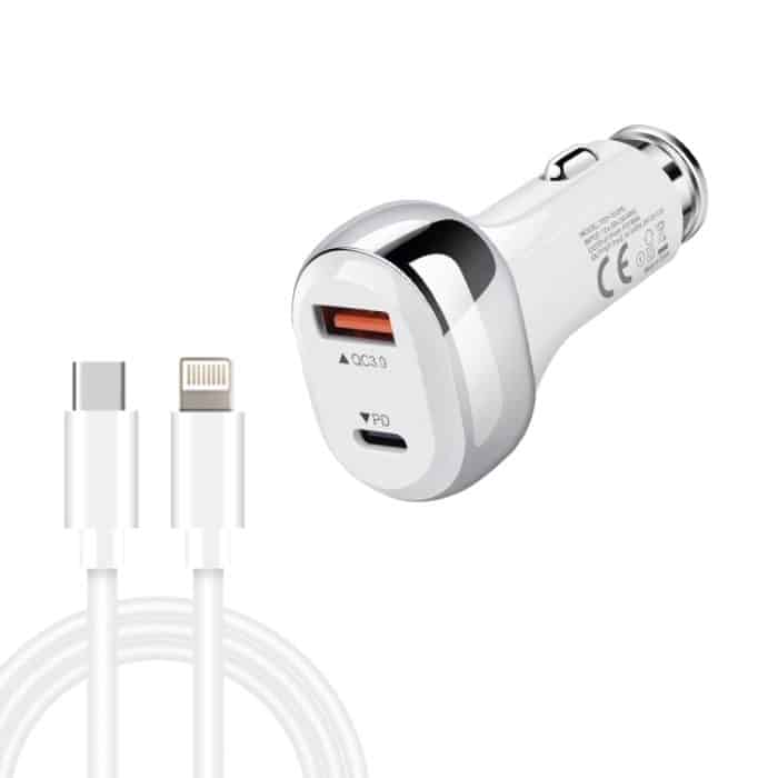 YSY-312PD QC3.0 18 W USB + PD 20 W USB-C / Typ-C-Autoladegerät mit Typ-C-auf-8-Pin-Datenkabel, PD 20W with Type-C to 8 Pin Cable – Bild 1