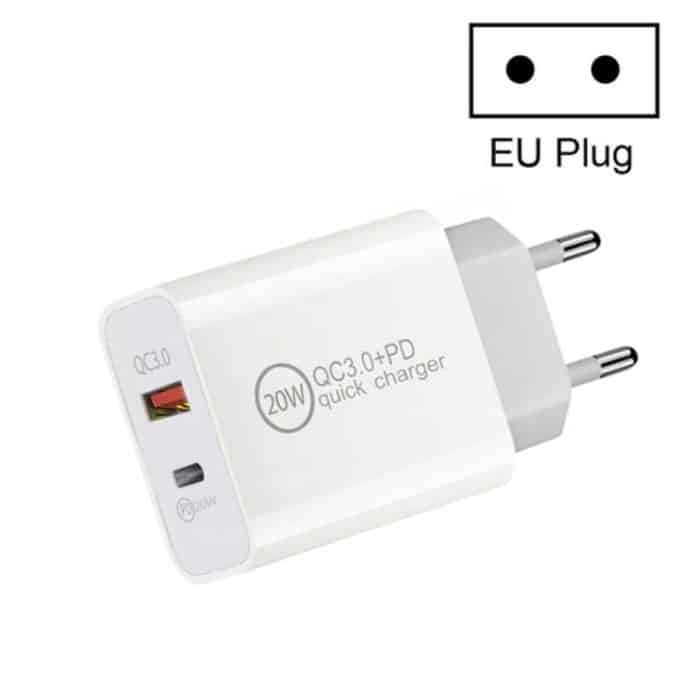 SYA001472901.jpg Duales Schnellladegerät mit 20 W PD3.0 + QC 3.0-Schnittstelle, Reiseladegerät für iPhone, Huawei, Samsung, Xiaomi, EU Plug, US Plug, AU Plug – Bild 1