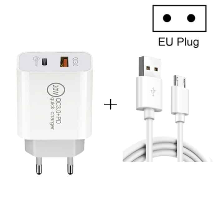 20 W PD Typ-C + QC 3.0 USB-Schnittstelle, Schnelllade-Reiseladegerät mit USB-auf-Micro-USB-Schnelllade-Datenkabel, EU Plug, US Plug, AU Plug – Bild 1