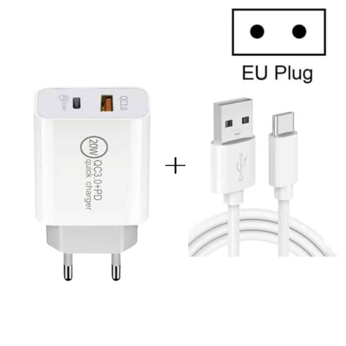 SYA001473101.jpg 20 W PD Typ-C + QC 3.0 USB-Schnittstelle, Schnelllade-Reiseladegerät mit USB-zu-Typ-C-Schnellladedatenkabel, EU Plug, US Plug, AU Plug – Bild 1