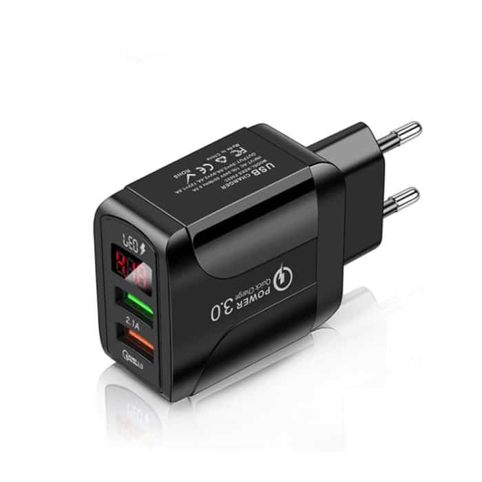 SYA001539301A.jpg F002C QC3.0 USB + USB 2.0 Schnellladegerät mit LED-Digitalanzeige für Mobiltelefone und Tablets, EU-Stecker, EU Plug – Bild 1