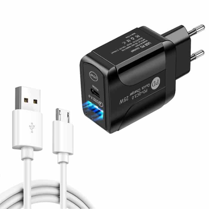 SYA001681501B.jpg PD25W USB-C / Typ-C + QC3.0 USB Dual Ports Schnellladegerät mit USB-zu-Micro-USB-Datenkabel, EU-Stecker, EU Plug + USB to Micro USB Cable – Bild 1