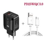 PD25W USB-C / Typ-C + QC3.0 USB Dual Ports Schnellladegerät mit USB-zu-Micro-USB-Datenkabel, EU-Stecker, EU Plug + USB to Micro USB Cable – Bild 3