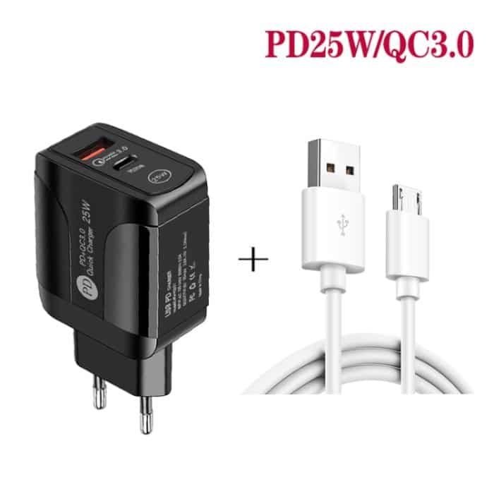 PD25W USB-C / Typ-C + QC3.0 USB Dual Ports Schnellladegerät mit USB-zu-Micro-USB-Datenkabel, EU-Stecker, EU Plug + USB to Micro USB Cable – Bild 3