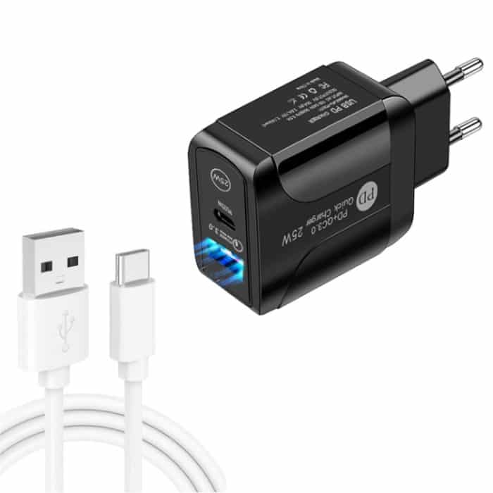 SYA001682001B.jpg PD25W USB-C / Typ-C + QC3.0 USB-Schnellladegerät mit zwei Anschlüssen und USB-zu-Typ-C-Datenkabel, EU-Stecker, EU Plug + USB to Type-C Cable – Bild 1