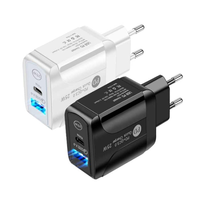 PD25W USB-C / Typ-C + QC3.0 USB-Schnellladegerät mit zwei Anschlüssen und USB-zu-Typ-C-Datenkabel, EU-Stecker, EU Plug + USB to Type-C Cable – Bild 2