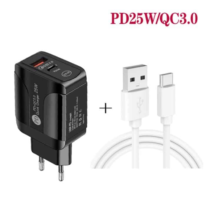 PD25W USB-C / Typ-C + QC3.0 USB-Schnellladegerät mit zwei Anschlüssen und USB-zu-Typ-C-Datenkabel, EU-Stecker, EU Plug + USB to Type-C Cable – Bild 3
