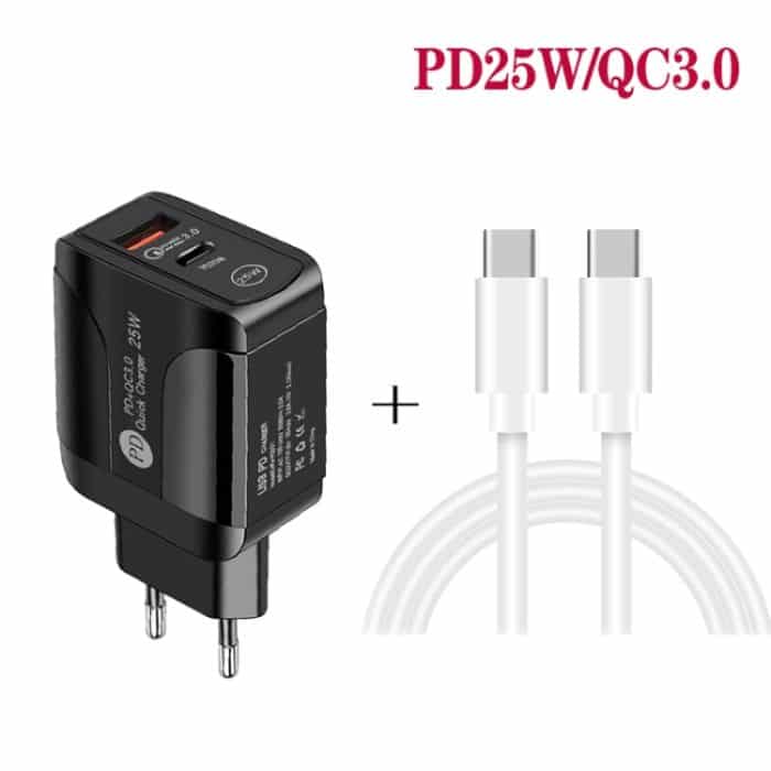 PD25W USB-C / Typ-C + QC3.0 USB-Schnellladegerät mit zwei Anschlüssen und USB-C-zu-USB-C-Datenkabel, EU-Stecker, EU Plug + USB-C to USB-C Cable – Bild 3