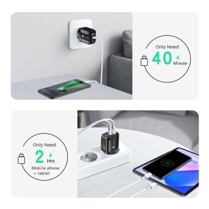 PD25W USB-C / Typ-C + QC3.0 USB-Schnellladegerät mit zwei Anschlüssen und USB-C-zu-USB-C-Datenkabel, EU-Stecker, EU Plug + USB-C to USB-C Cable – Bild 4