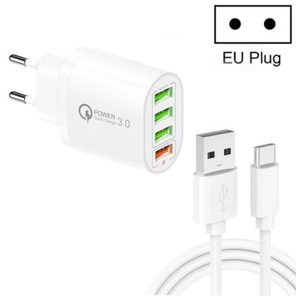 QC-04 QC3.0 + 3 x USB2.0-Multiport-Ladegerät mit 3A USB-auf-Typ-C-Datenkabel, EU-Stecker, EU Plug + Type-C Cable