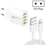 QC-04 QC3.0 + 3 x USB2.0-Multiport-Ladegerät mit 3A USB-auf-8-Pin-Datenkabel, EU-Stecker, EU Plug + 8 Pin Cable