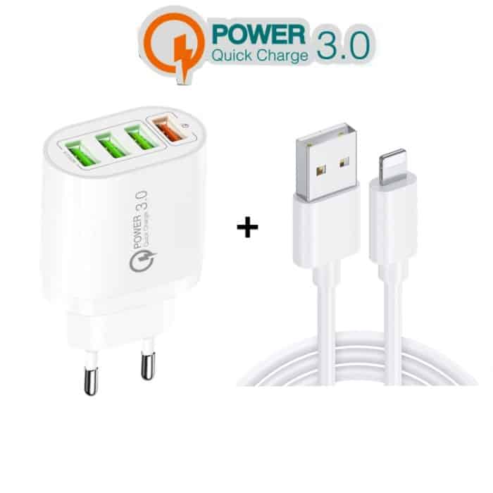QC-04 QC3.0 + 3 x USB2.0-Multiport-Ladegerät mit 3A USB-auf-8-Pin-Datenkabel, EU-Stecker, EU Plug + 8 Pin Cable – Bild 3