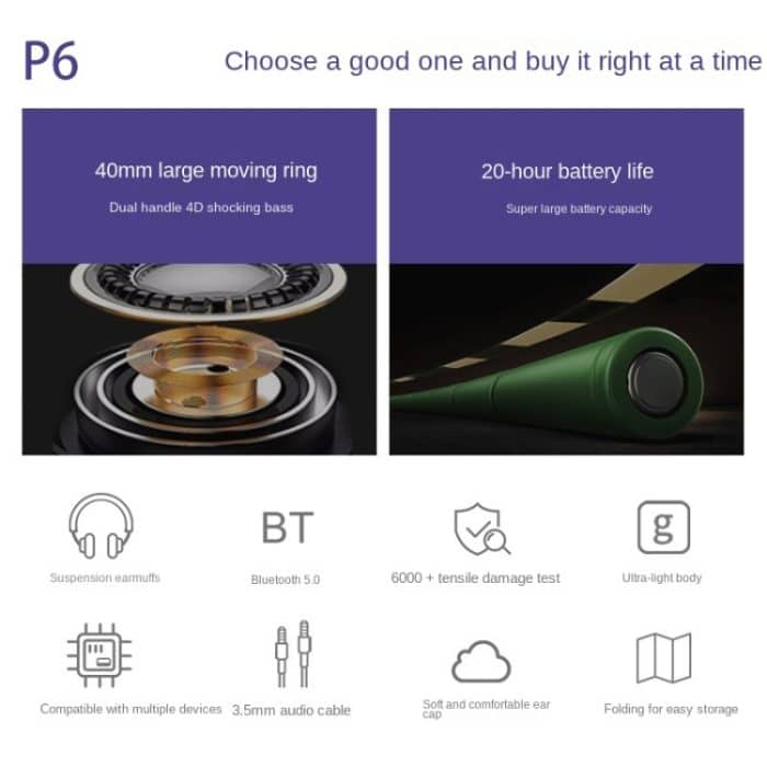 Fingertime P6 Bluetooth 5.1 Kabelloses Stereo-Headset mit Mikrofon, Black, White – Bild 5