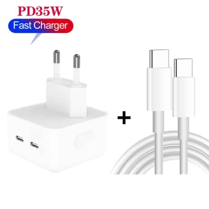 PD 35W Ladegerät mit zwei USB-C-/Typ-C-Anschlüssen und Datenkabel vom Typ C auf Typ C, EU-Stecker, EU Plug + 1m Dual Type-C Cable, EU Plug + 2m Dual Type-C Cable – Bild 2