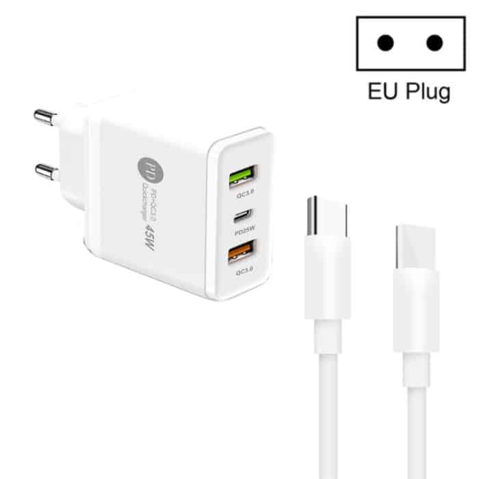 45 W PD3.0 + 2 x QC3.0 USB-Multi-Port-Ladegerät mit Typ-C-zu-Typ-C-Kabel, EU-Stecker, EU Plug + Type-C to Type-C Cable – Bild 1