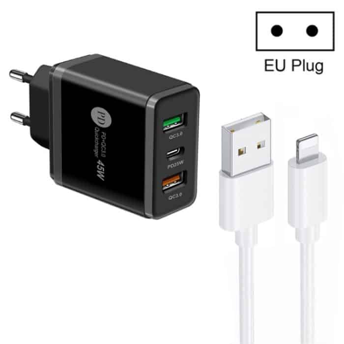 SYA001933301A.jpg 45 W PD25W + 2 x QC3.0 USB-Multi-Port-Ladegerät mit USB-auf-8-Pin-Kabel, EU-Stecker, EU Plug + USB to 8 Pin Cable – Bild 1