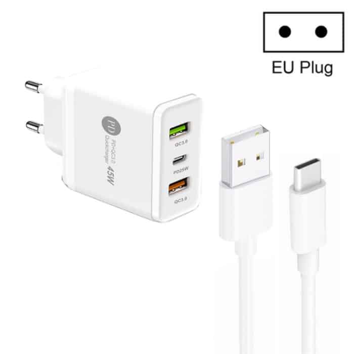 45 W PD25W + 2 x QC3.0 USB-Multi-Port-Ladegerät mit USB-auf-Typ-C-Kabel, EU-Stecker, EU Plug + USB to Type-C Cable – Bild 1
