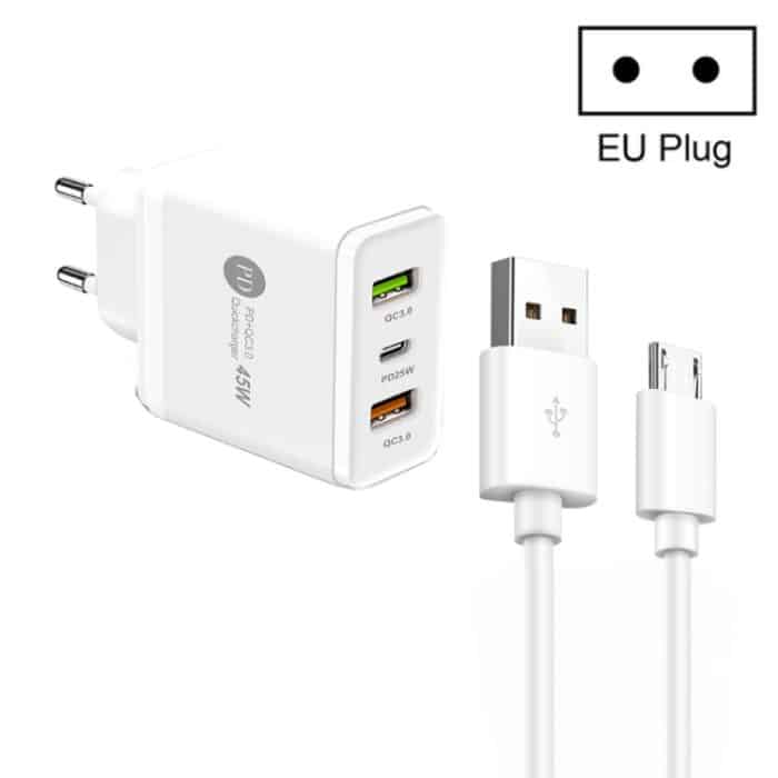 SYA001933901A.jpg 45 W PD25W + 2 x QC3.0 USB-Multi-Port-Ladegerät mit USB-auf-Micro-USB-Kabel, EU-Stecker, EU Plug + USB to Micro USB Cable – Bild 1