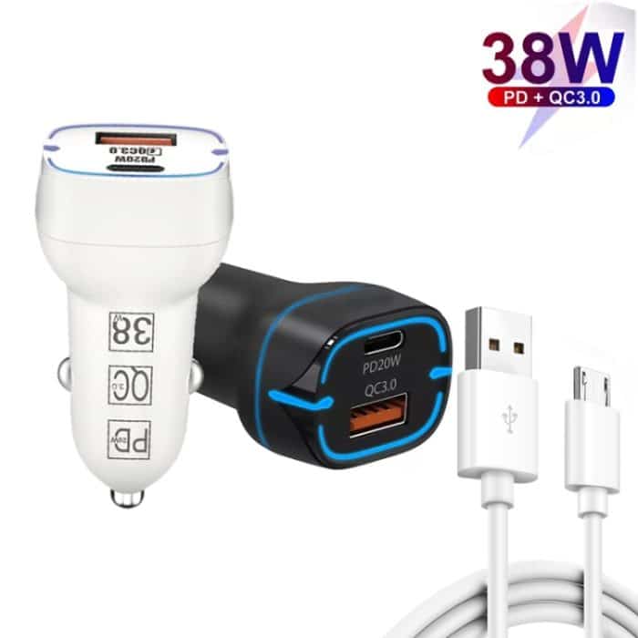 38 W PD20W + QC3.0 USB-Autoladegerät mit USB-auf-Micro-USB-Datenkabel, Länge: 1 m, USB to Micro USB Cable (White), USB to Micro USB Cable (Black) – Bild 2