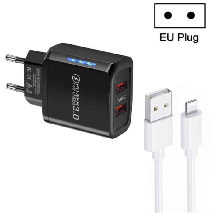 36-W-Dual-Port-QC3.0-USB-Ladegerät mit 3-A-USB-auf-8-Pin-Datenkabel, EU-Stecker, EU Plug + USB to 8 Pin Cable – Bild 1