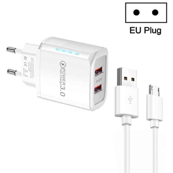 SYA001968101A.jpg 36-W-Dual-Port-QC3.0-USB-Ladegerät mit 3-A-USB-auf-Micro-USB-Datenkabel, EU-Stecker, EU Plug + USB to Micro USB Cable – Bild 1