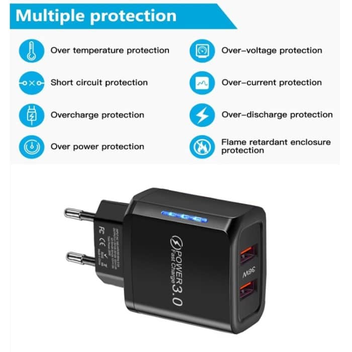 36-W-Dual-Port-QC3.0-USB-Ladegerät mit 3-A-USB-auf-Micro-USB-Datenkabel, EU-Stecker, EU Plug + USB to Micro USB Cable – Bild 4