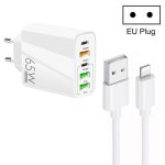 65 W Dual PD Typ-C + 3 x USB Multi-Port-Ladegerät mit 3 A USB-auf-8-Pin-Datenkabel, EU-Stecker, EU Plug + USB to 8 Pin Cable