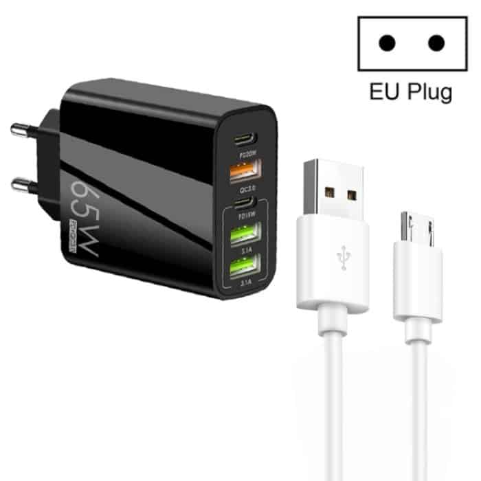65 W Dual PD Typ-C + 3 x USB Multi-Port-Ladegerät mit 3 A USB-auf-Micro-USB-Datenkabel, EU-Stecker, EU Plug + USB to Micro USB Cable – Bild 1