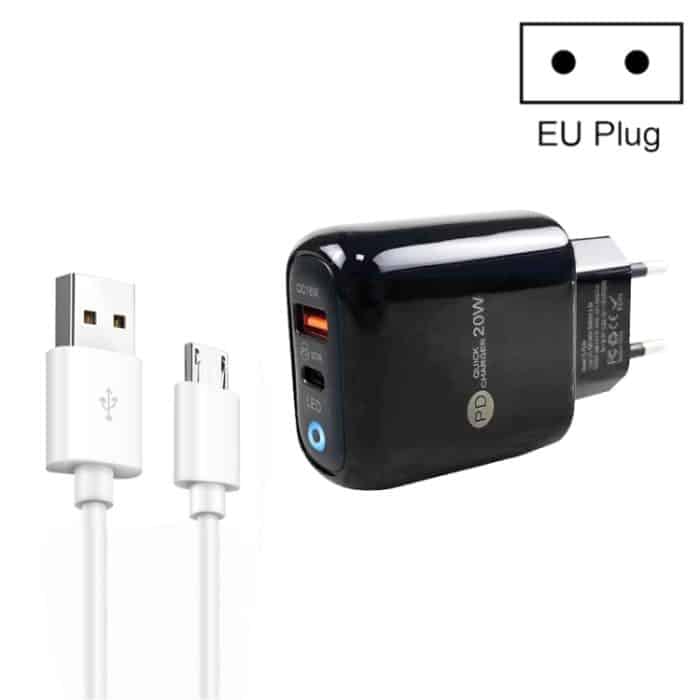 SYA002110601B.jpg PD04 Typ-C + USB-Handy-Ladegerät mit USB-auf-Micro-USB-Kabel, EU-Stecker, EU Plug + USB to Micro USB Cable – Bild 1
