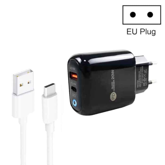 PD04 Typ-C + USB-Handy-Ladegerät mit USB-auf-Typ-C-Kabel, EU-Stecker, EU Plug + USB to Type-C Cable – Bild 1