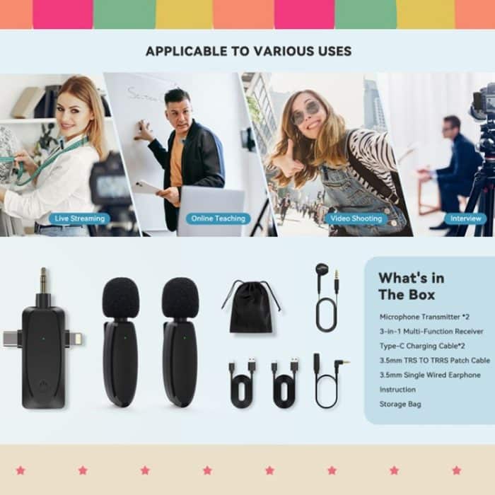 3-in-1-Mini-Wireless-Lavalier-Mikrofone für iPhone/Android/Kamera mit Rauschunterdrückungsfunktion, One by Two – Bild 11
