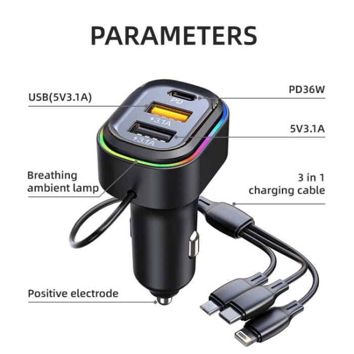 K5 mit 3-in-1-Ladekabel, Dual-USB + 1 Typ-C PD-Telefon-Schnellladeadapter, Autoladegerät – Bild 5