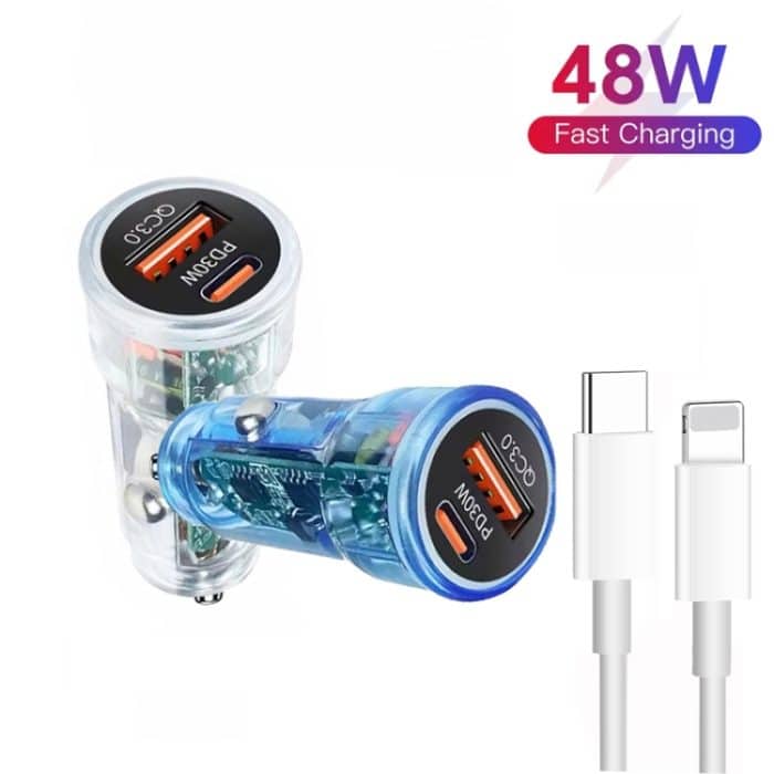 P35 48W PD30W + QC3.0 18W USB Transparentes Autoladegerät mit Typ-C auf 8-poligem Telefondatenkabel, P35 with Cable (Transparent), P35 with Cable (Transparent Blue) – Bild 2