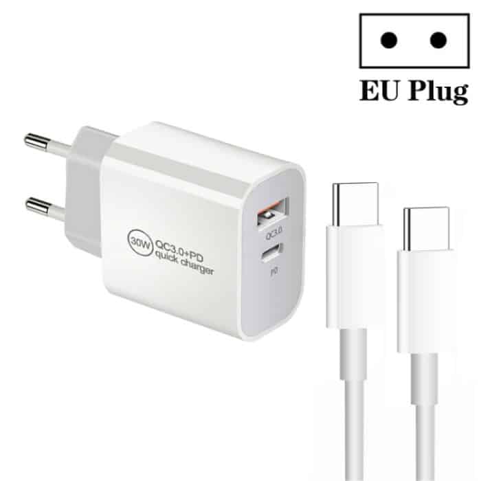 PD30W USB-C / Typ-C + QC3.0 USB-Dual-Port-Ladegerät mit 1 m Typ-C-zu-Typ-C-Datenkabel, EU Plug, US Plug, AU Plug – Bild 1
