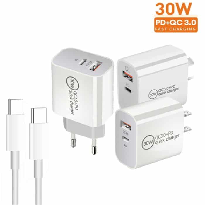PD30W USB-C / Typ-C + QC3.0 USB-Dual-Port-Ladegerät mit 1 m Typ-C-zu-Typ-C-Datenkabel, EU Plug, US Plug, AU Plug – Bild 2