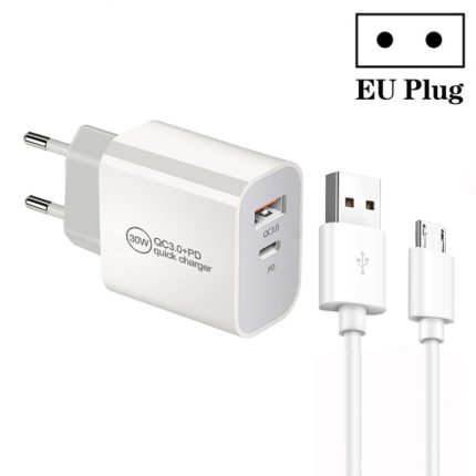 PD30W USB-C / Typ-C + QC3.0 USB-Dual-Port-Ladegerät mit 1 m USB-auf-Micro-USB-Datenkabel, EU Plug, US Plug, AU Plug