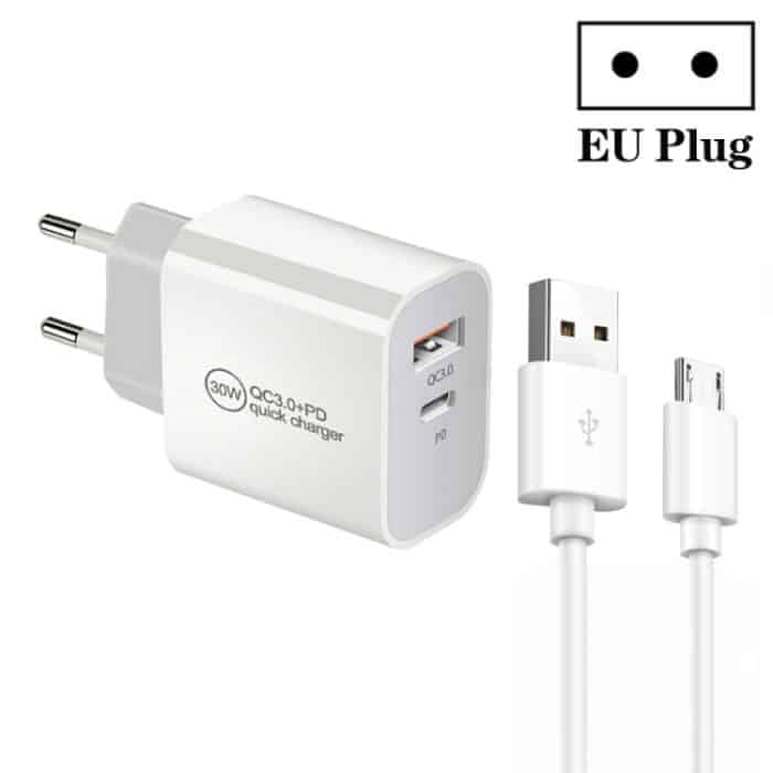 PD30W USB-C / Typ-C + QC3.0 USB-Dual-Port-Ladegerät mit 1 m USB-auf-Micro-USB-Datenkabel, EU Plug, US Plug, AU Plug – Bild 1