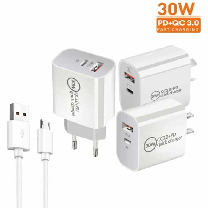 PD30W USB-C / Typ-C + QC3.0 USB-Dual-Port-Ladegerät mit 1 m USB-auf-Micro-USB-Datenkabel, EU Plug, US Plug, AU Plug – Bild 2