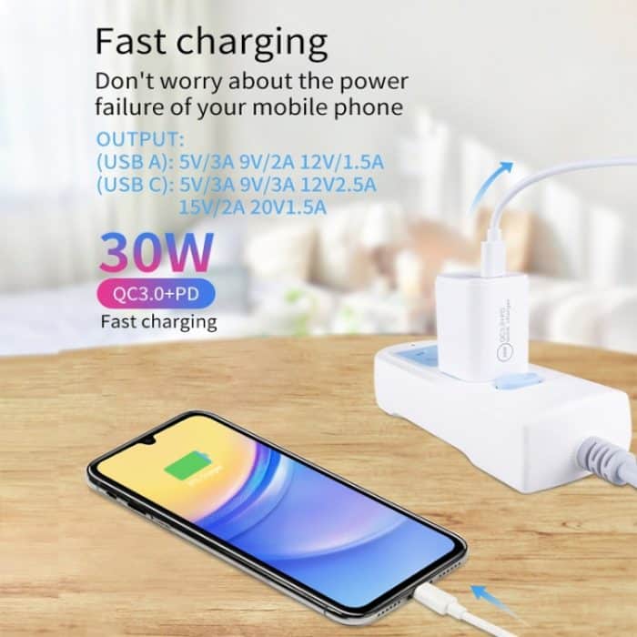 PD30W USB-C / Typ-C + QC3.0 USB-Dual-Port-Ladegerät mit 1 m USB-auf-Micro-USB-Datenkabel, EU Plug, US Plug, AU Plug – Bild 3