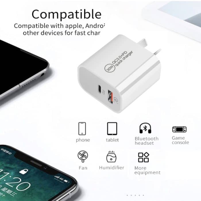 PD30W USB-C / Typ-C + QC3.0 USB-Dual-Port-Ladegerät mit 1 m USB-auf-Micro-USB-Datenkabel, EU Plug, US Plug, AU Plug – Bild 5