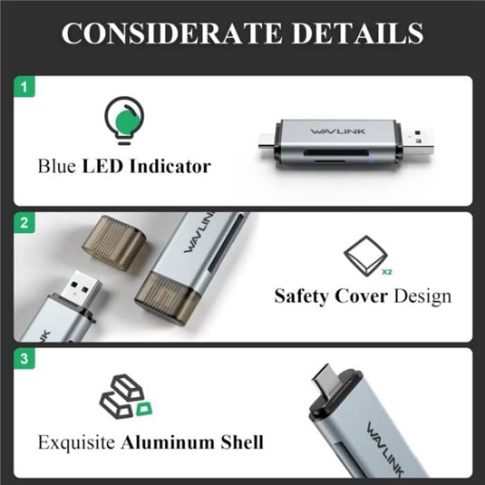 WAVLINK WL-CR3002 Multifunktions-Mini-Aluminiumlegierungsgehäuse Typ C + USB3.0 SD/TF-Kartenleser – Bild 4