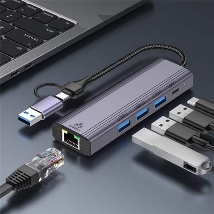 T513 USB-A / Typ-C auf USB3.0 x 3 + USB-C + Gigabit Laptop-Adapter-Dockingstation – Bild 2