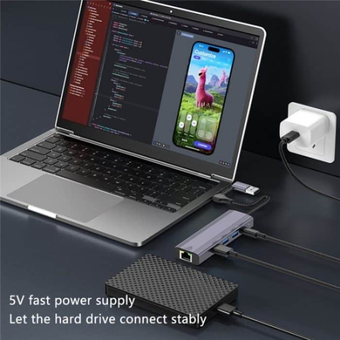 T513 USB-A / Typ-C auf USB3.0 x 3 + USB-C + Gigabit Laptop-Adapter-Dockingstation – Bild 4