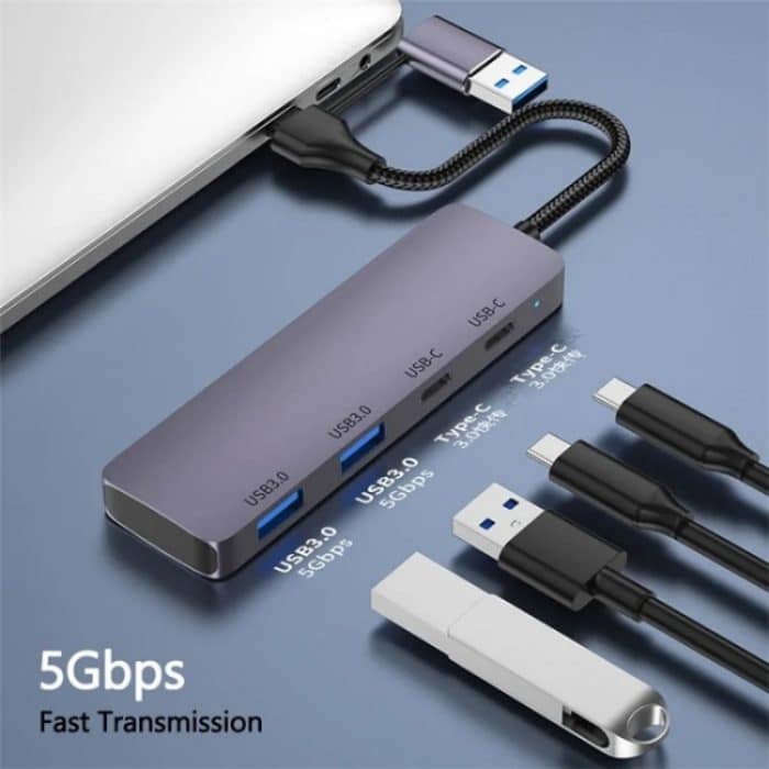 T-32C 2-in-1-Kabel USB 3.0 + Typ-C 4-Port-Hub Dockingstation aus Aluminiumlegierung – Bild 5